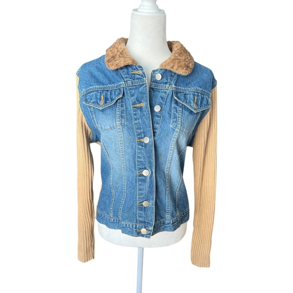 Y2K Rampage Denim Jacket w/ Knit Sleeves & Faux Fur Collar